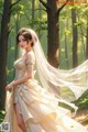 A woman in a wedding dress standing in the woods.