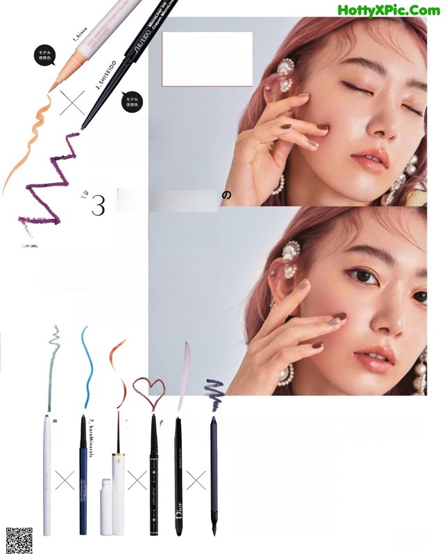 A magazine page with a picture of a woman applying eyeliner.
