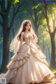 A woman in a wedding dress standing in the woods.