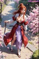 A woman in traditional attire holds a sword and shield amidst cherry blossoms.