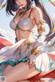 A woman in a bikini holding a sword.