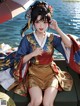 A woman in a kimono sitting on a boat with an umbrella.